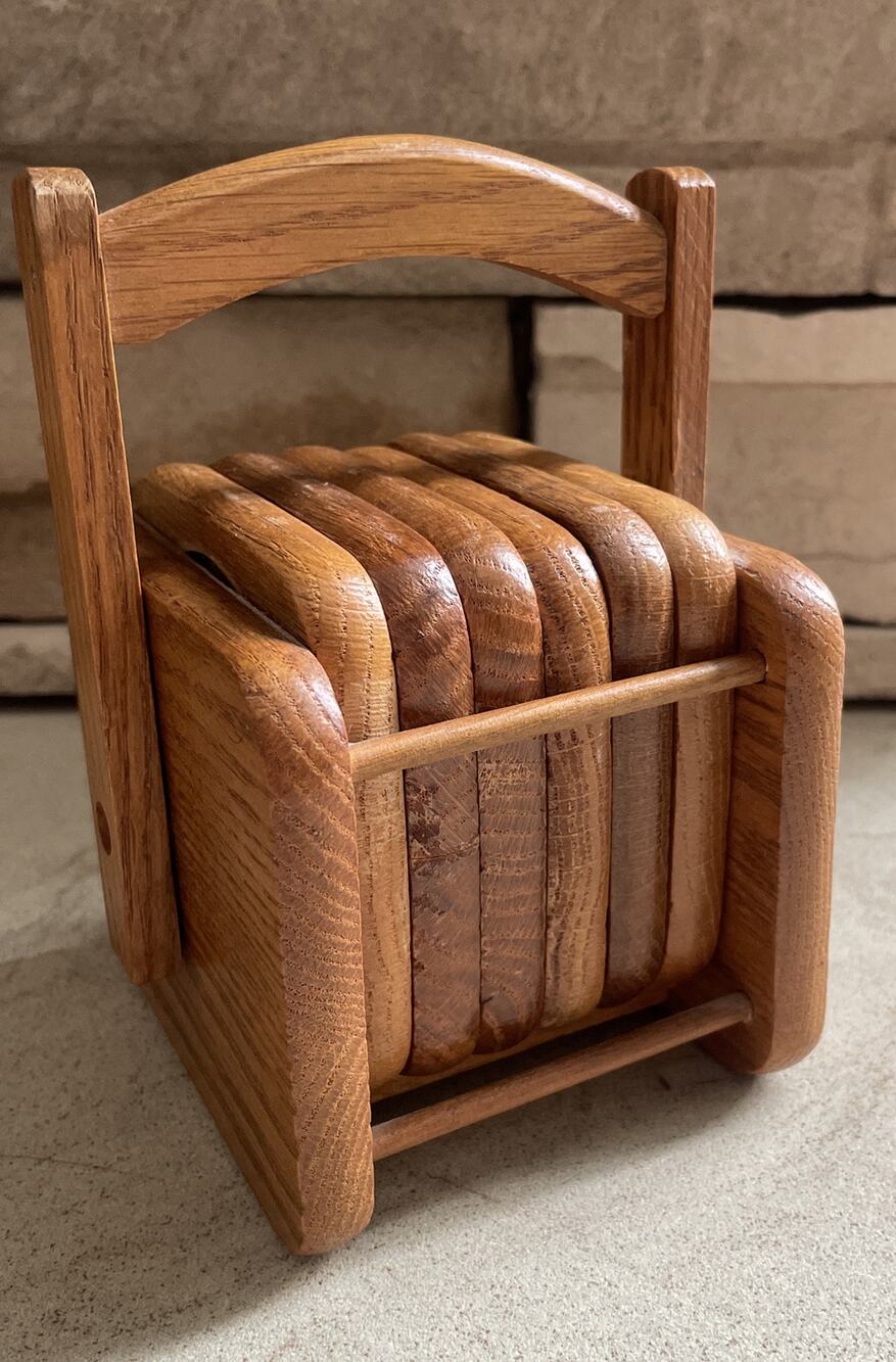 Vintage Wood & Cork Coaster Set in Wood Caddy w/Handle Mid-Century 6 Coasters